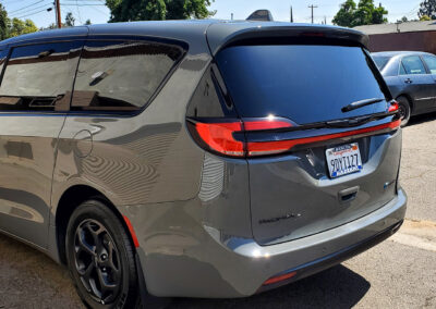We did a 2-step paint correction on this 2022 Pacifica van. Then we polished the paint until it was slick and smooth so that at freeway speeds the dust would just blow off. After correcting the paint, we applied our signature 7-year ceramic coating. We also added our promotional ceramic glass coating for free (normally a $150.00 Value).
