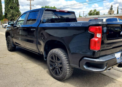some time on a multi-step paint correction, so much so that we nick named it “The Devils Truck.” Once we got past the layers of swirls and scratches, we fine polished it to a slick surface, so that the dust would just blow off at freeway speeds. Finally, we coated it with our 5-year ceramic coating. We also added our promotional ceramic glass coating for free (normally a $150.00 Value).